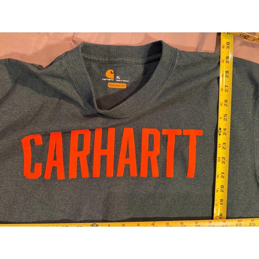 Green Carhartt Tee Mens XL Orange Logo Graphic Relaxed Fit Workwear Short Sleeve